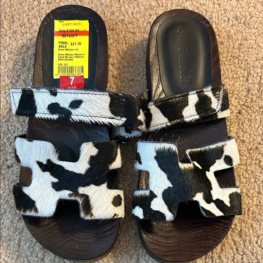 Steve Madden Black and White Cow-Print Slide Sandals